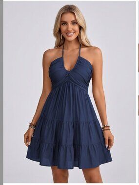 Shirred Pleated Bust Halter Mini Dress Navy Blue